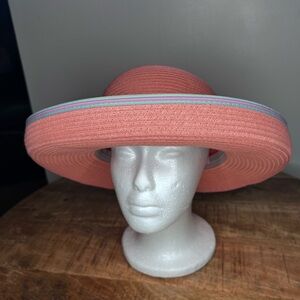 Scala Coral Wide-Brim Straw Hat with Pastel Stripe Band